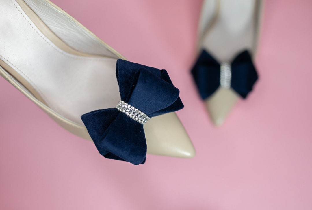 Navy Blue Velvet Shoes Clips With Silver Element, Art Deco Wedding Bow Shoe Clips for Women