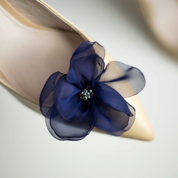 Navy Chiffon Fabric Flower Shoe Clips for Women, Blue Fabric Faux Peonies for Bridal Sandals, Something blue for Wedding, Wedding Blue Shoes