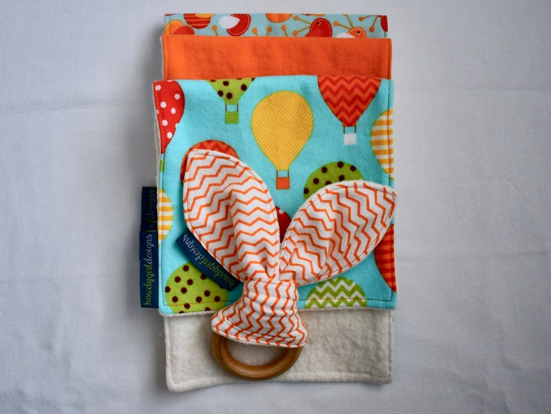 Orange Neutral Balloons Bees Burp Cloth 3-Pack and Teether Combo with Organic Cotton: Up and Away