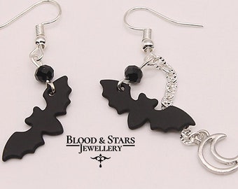 Gothic Bat Moon Halloween Earrings