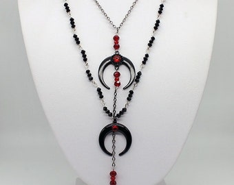 Gothic Black Red Silver Moon Bead Layered Necklace