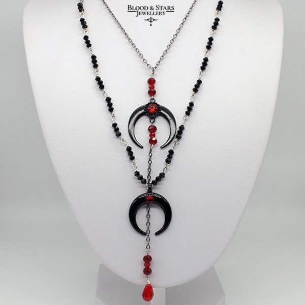 Gothic Black Red Silver Moon Bead Layered Necklace