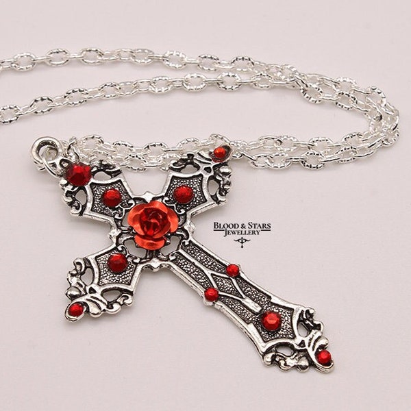 Gothic Rose Cross Crystal Necklace Black Silver Gold Purple Red