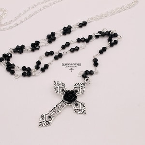 Gothic long rosary small silver black cross necklace