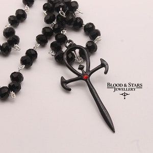 Gothic Vampire Ankh Beaded Black Silver Necklace