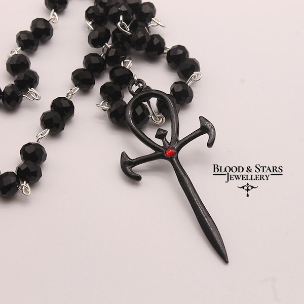 Gothic Vampire Ankh Beaded Black Silver Necklace