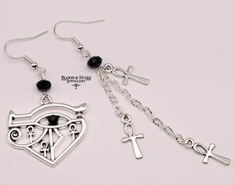 Gothic Eye Of Horus Ankh Mismatched Black Silver Earrings