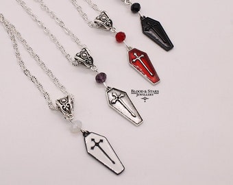 Gothic Coffin Cross Pendant Necklace Red Black Silver Enamel