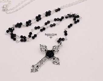 Gothic long rosary small silver black cross necklace