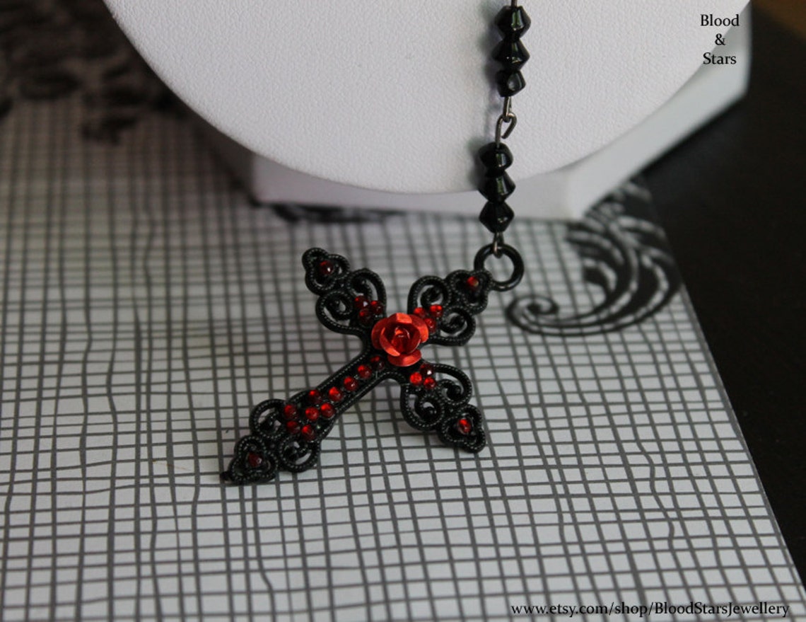 Gothic Rosary Black Rose Cross Necklace Etsy