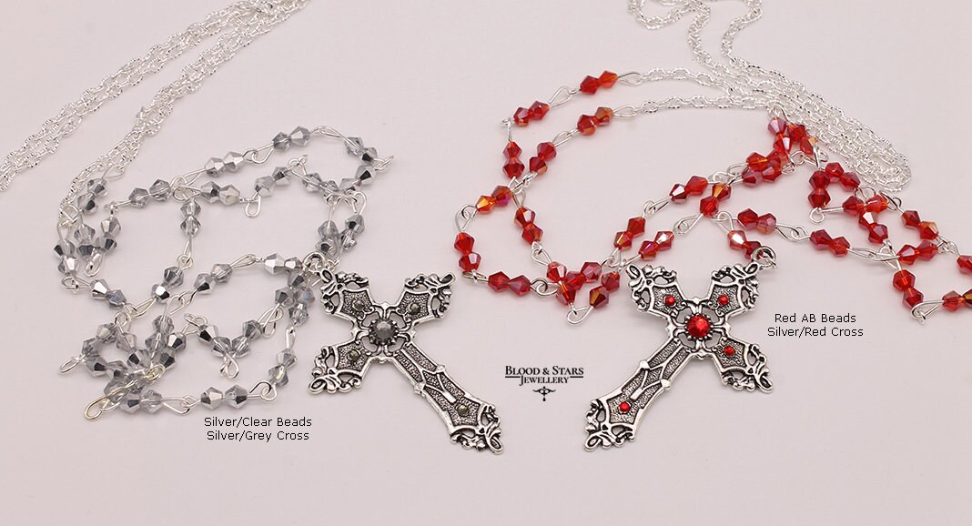 Custom Gothic Long Rosary Small Silver Black Cross Chain