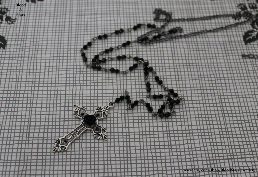 Gothic long rosary small silver black cross necklace