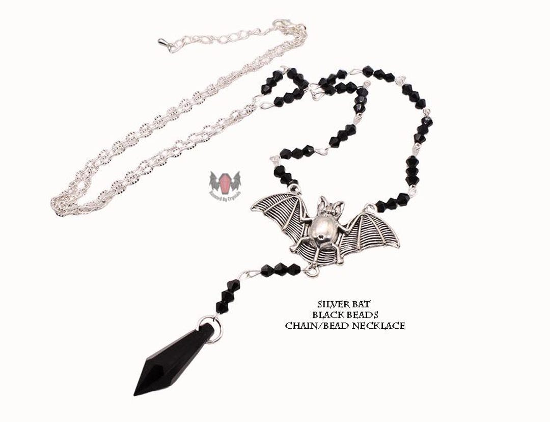 Vampire Bat Gothic Beaded Long Silver Black Rosary Necklace - Etsy