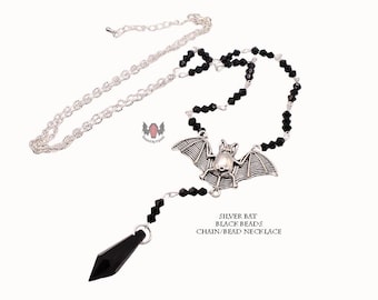 Vampire Bat Gothic Beaded Long Silver Black Rosary Necklace