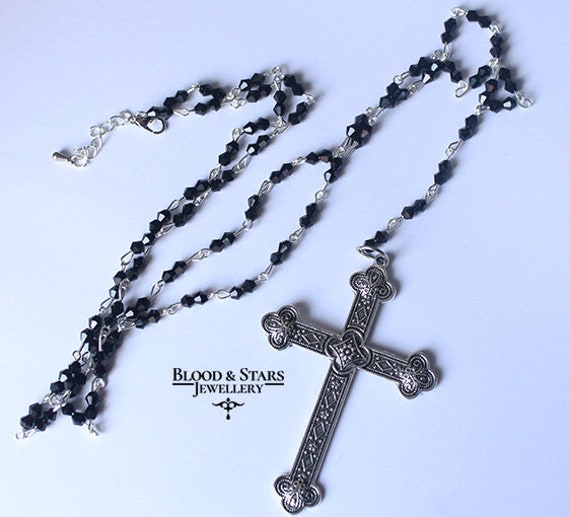 Gothic Long Rosary Large Cross Necklace 