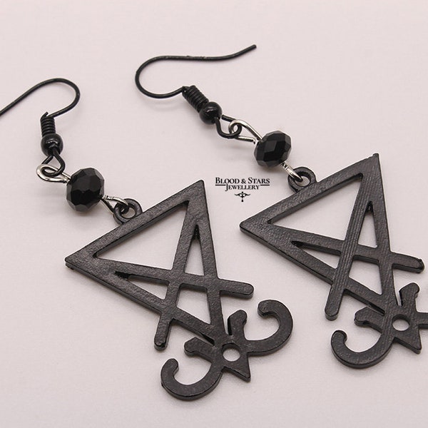 Gothic Satanic Sigil Lucifer Satan Black Silver Occult Earrings