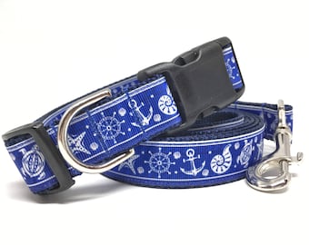 Nautical Dog Collar - Beach Dog Collar - Ocean Dog Collar Collar & Leash set -1" wide - Engraved Dog Buckle Optional