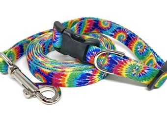 Tie Dye Dog Leash & Collar Set 5/8" wide, Rainbow Dog Collar, Personalized Dog Collar, Engraved Dog Buckle Option