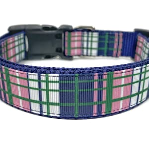 Preppy Plaid Blue Green Pink Dog Collar Adjustable image 1