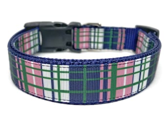 Preppy Plaid Blue Green Pink Dog Collar Adjustable