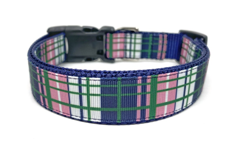 Preppy Plaid Blue Green Pink Dog Collar Adjustable image 1