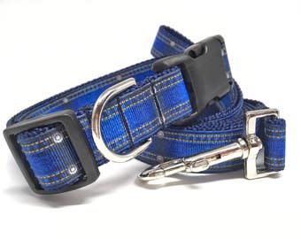 Blue Jean Dog Leash & Collar Set - 1" wide - Personalized Dog Collar - Engraved Dog Buckle Optional
