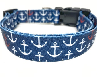 Navy Nautical dog collar with White Anchors 1" wide dog collar, Summer Dog Collar, Beach Dog Collar