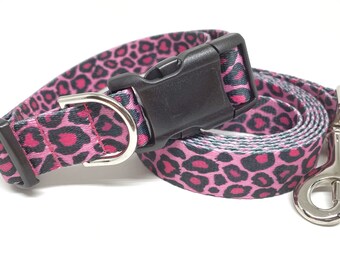 Pink Leopard Dog Leash & Collar Set, Animal Leopard Dog Collar, Personalized Dog Collar, Engraved Dog Buckle Option