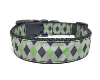Checker Dog Collar - Green Black and Silver Checker Dog Collar - 1" wide Adjustable