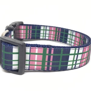 Preppy Plaid Blue Green Pink Dog Collar Adjustable image 2