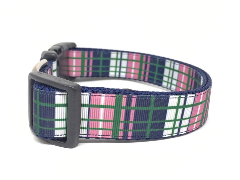Preppy Plaid Blue Green Pink Dog Collar Adjustable image 2