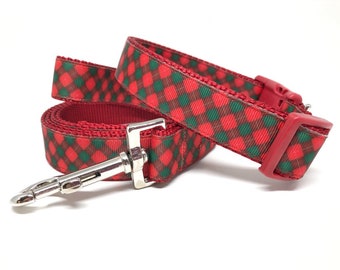 Christmas Dog Collar - Red and Green Checkered Dog Leash & Collar Set - 1" - Personalized Dog Collar - Engraved Dog Buckle Optional
