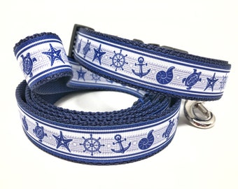 Nautical Dog Collar - Beach Dog Collar - Ocean Dog Collar Collar & Leash set -1" wide - Engraved Dog Buckle Optional