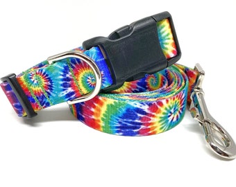 Tie Dye Dog Leash & Collar Set 1" wide, Rainbow Dog Collar, Personalized Dog Collar, Engraved Dog Buckle Option