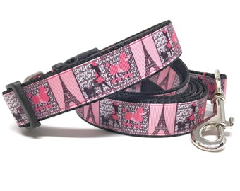 Poodles In Paris Eiffel Tower Collar Leash Set - 1" wide Girly Dog Collar Leash - Personalized Dog Collar - Engraved Dog Buckle Optional
