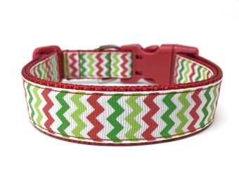 Dog Collar for Girl, Boy - Christmas Chevron Red & Green Dog Collar - Christmas Dog Collar