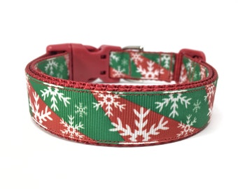 Christmas Dog Collar - Snowflake Red & Green Dog Collar Adjustable