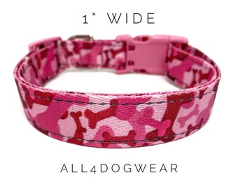 Pink Camo Dog Collar 1" wide - Pink Bone Camouflage Dog Collar - Reflective Dog Collar - Polyester Webbing