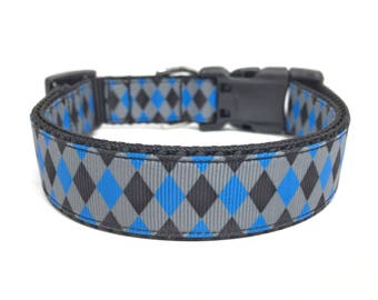 Checker Dog Collar - Blue and Black Checker Dog Collar - 1" wide Adjustable