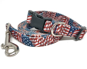 Patriotic Dog Leash & Collar Set - 5/8" wide - American Flag dog collar - Personalized Dog Collar - Engraved Dog Buckle Option