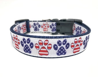 Patriotic Paw Prints Dog Collar Adjustable - July 4th / Memorial Day