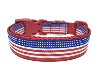 Memorial / 4th of July Patriotic Red White and Blue Flag Dog Collar Adjustable