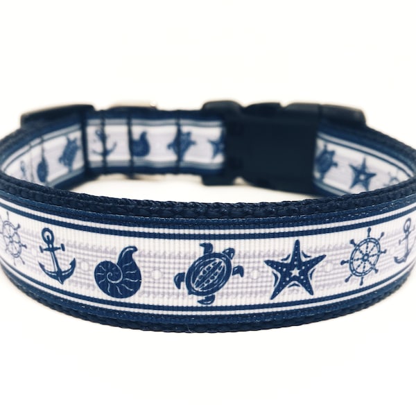 Nautical Dog Collar - Beach Dog Collar - Ocean Dog Collar Adjustable - Personalized Dog Collar - Engraved Dog Buckle Optional