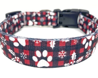 Christmas Holly Dog Collar 1" wide - Plaid Dog Collar - Patterned Webbing Dog Collar - Dog Collar