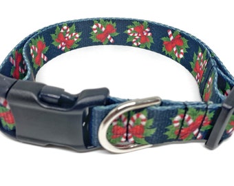 Christmas Dog Collar 1" wide - Candy Cane Dog Collar - Christmas Holly Dog Collar - Patterned Webbing Dog Collar