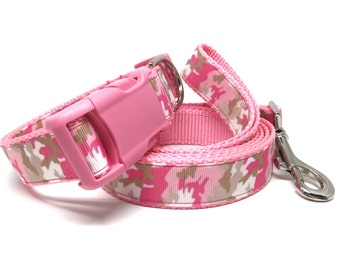 Pink Camo Dog Leash & Collar Set - 1" wide - Personalized Dog Collar - Engraved Dog Buckle Optional