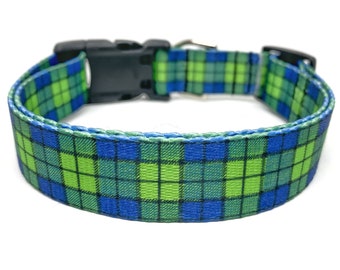 Green and Blue Plaid Dog Collar - 1" wide - Plaid Dog Dollar - Personalized Dog Collar - Engraved Dog Buckle Option