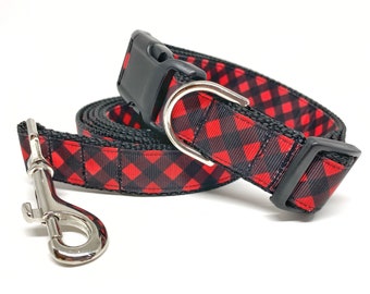 Plaid Dog Collar & Leash Set - 1" - Red Dog Collar - Plaid Dog Collar - Engraved Dog Buckle Optional
