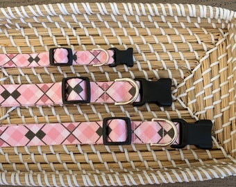 Argyle Collar & Leash Set 1" wide - Pink and Brown Argyle Dog Collar - Personalized Dog Collar - Engraved Dog Buckle Option
