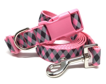 Pink and Black Checker Dog Leash & Collar Set - 1" - Personalized Dog Collar - Engraved Dog Buckle Optional